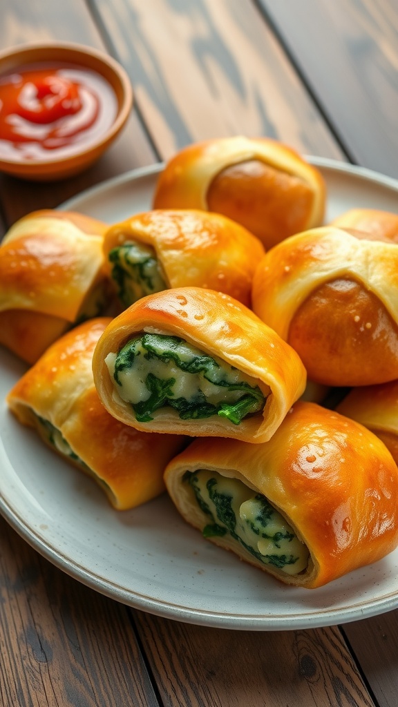 Savory spinach and cheese rolls on a plate, with a bowl of marinara sauce.